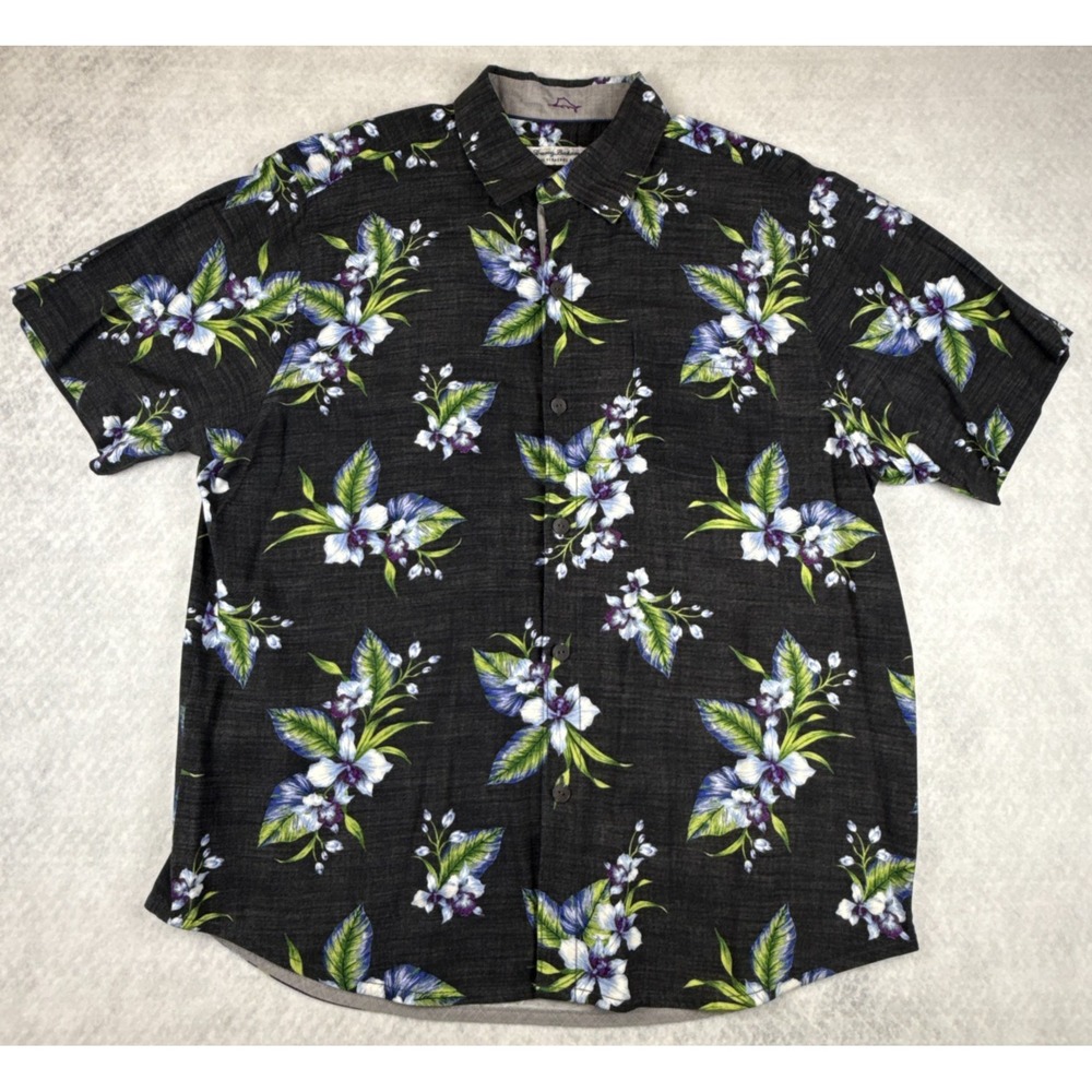 Tommy Bahama Veracruz Cay TB93 Mens Large Black Floral Hawaiian Button Up Shirt